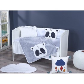 Resim Lüx Sevimli Panda Figürlü Welsoft Battaniye + Yastık Gri 