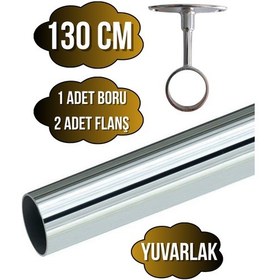 Resim Metal Yuvarlak Krom Mobilya Dolap Askı Borusu 130cm 2 Adet Ayaklı Açık Flanş-1 Adet Boru Çap:25mm Gri 