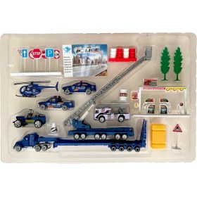 Resim UDATOYS Polis Araçları Trafik Ikaz Işaretleri Helikopter Merdivenli Vinç Tır Araba Kurtarıcı Oyuncak Set 