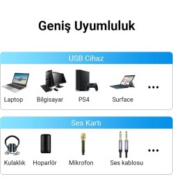 Resim Delixa Veggieg USB Harici Ses Kartı Adaptörü 3.5mm Kulaklık ve Mikrofon Girişli 