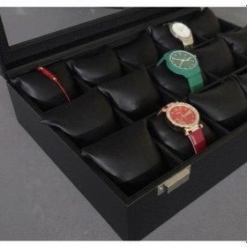 Resim Premium 15 Yuvalı Tamamen Deri Kaplama Cam Kapaklı Şık Tasarım Saat Saklama Kutusu Ebat 34x24x8 Cm Siyah 