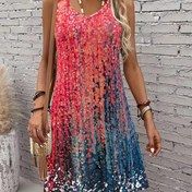 Resim Renkli yama grafikleriyle şık tatil moda soyut resim, nefes alabilir 3D baskılı V-Neck tank elbise, yeni kadınların rahat tatil giyim için kolsuz A-Line uzun elbise. 