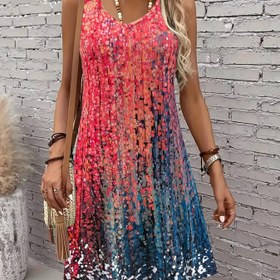 Resim Renkli yama grafikleriyle şık tatil moda soyut resim, nefes alabilir 3D baskılı V-Neck tank elbise, yeni kadınların rahat tatil giyim için kolsuz A-Line uzun elbise. 