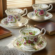 Resim 1 adet Zarif Doğum Günü Aylık Çay Fincanı ve Kase, 6Oz Vintage Çiçek Desenli Porselen Kahve Fincanı ve Kase, Çay Partileri, Kafeler, Doğum Günü Partileri için Mükemmel, İdeal Doğum Günü Hediyesi, Noel Hediyesi, Noel için En İyisi, Şükran Günü için Mükemmel 