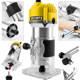 Resim Schatz Profesyonel 600W 6 Kademe Devir Ayarlı Formika Traşlama Freze Makinesi 6 mm Pens + 12 Adet Uç Sarı 