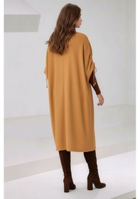 Resim Kadın Tesettüre Uygun Midi Boy Yarasa Kol Omuzdan Bağlamalı Triko Curve Uyumlu Kuşaksız Hırka Ceket VIZON 
