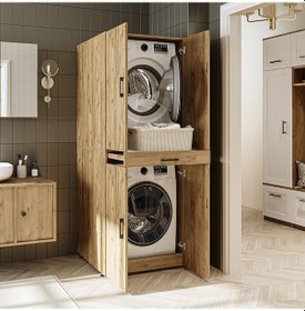 Resim Banyo Dolabı Kapaklı Çamaşır Ve Kurutma Makine Dolabı 70x185 Cm Atlantik Çam 