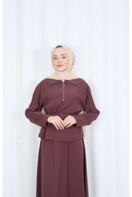 Resim HNT Hayrunnisa Tesettür Fermuar Detaylı Beli Ayarlanabilir Tesettür Etekli Takım Bordo HNT8598 