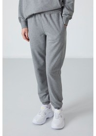 Resim Tommy Life Gri Melanj Kapüşonlu Kanguru Cep Oversize Lastik Paça Kadın Eşofman Takımı - 95288 GRİ MELANJ 