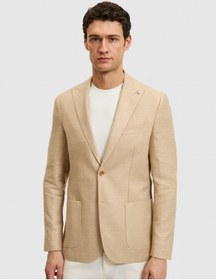 Resim Cacharel Bej Slim Fit Yün Keten Karışımlı Mikro Desen Kırlangıç Yaka Ceket 