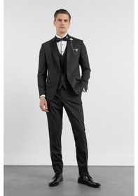 Resim İmza Siyah Mono Yaka Düz Desen 6 Drop Slim Fit Esnek Takım Elbise 1001260201 