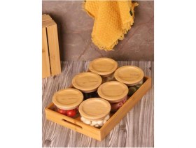 Resim Özbience Şık 6'lı Bambu Kapaklı Cam Kahvaltılık Seti, 300ML, Vakumlu Kapak 