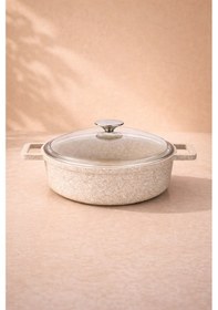 Resim Elexsus 28 Cm Döküm Cam Kapaklı Granit Tencere Cappuccino Bej - Kahverengi 