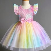 Resim Kız Çocukları için Yazlık Pembe Tie-Dye Ekose Desenli Fırfır Kollu Elbise, Rastgele Baskılı, Tatlı Fiyonk Bel Süslemeli, Diz Boyu Sıkı Üst ve Geniş Şemsiye Tasarımlı, Prenses File Etek ile Doğum Günü Hediyesi, Bahar/Yaz Toplantıları/Düğünler/Partiler/Günlük Kullanım/Açık Hava Etkinlikleri İçin Uygun 