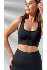 Resim EMFURE Siyah Fermuarlı Spor Büstiyer - Sports Bra / Crop Destekli Spor Sütyeni 