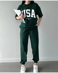 Resim Usa T-shirt Eşofman Altı Jogger- Yeşil Baskılı Alt Üst Eşofman Takım Oversize Bisiklet Yaka Yeşil 