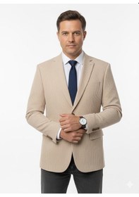 Resim Plus Scorpion Erkek Bej Slim Fit Blazer Ceket Çizgili Dokulu Kumaş Çift Düğmeli Açık Bej 