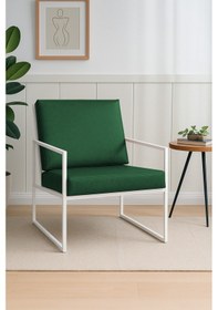 Resim Azra Mobilya İskandinav Deri Berjer Beyaz Metal Ayaklı Modern Tekli Koltuk - Yeşil Yeşil 