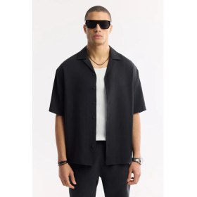 Resim AVVA Erkek Siyah Apaj Yaka Soft Touch Kısa Kol Oversize Fit Gömlek A51Y2006 