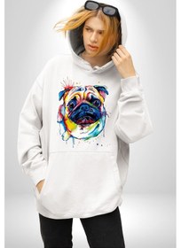 Resim Sulu Boya Pug Köpek Kadın Erkek Beyaz Kapüşonlu Sweatshirt Hoodie Beyaz 