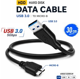 Resim Anktek Harddisk HDD Hard Disk Veri Data Kablosu, 30 cm Siyah, USB 3.0 To Micro Usb-B, 5 Gbps 