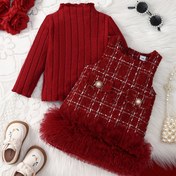 Resim Kızlar için Kırmızı Uzun Kollu Dik Yaka Bodycon Üst + İnci Butonlu ve Tül Etekli Strapless Siyah Elbise 