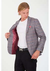 Resim Sposo 5138 Dar Kalıp Kare Desenli Bordo Erkek Blazer Ceket Bordo 