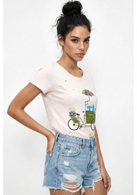 Resim Shade Kadın Pamuk El İşi Nakışlı Bisiklet Baskılı Tasarım T-shirt 1002 60282047 - Toz Pembe L 