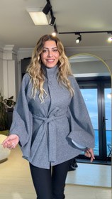 Resim Dik Yaka Kuşaklı Kaşe Panço Gri - L 