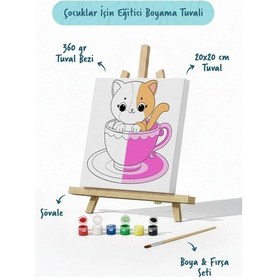 Resim Kupa İçinde Sevimli Kedi Çocuk Boyama Tuvali Şövaleli Boyama Seti 20x20 Cm 