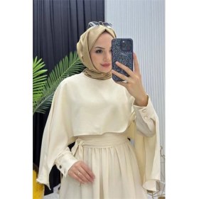 Resim Neşeli Butik Kadın Bej Pelerinli Bel Bağlama Detaylı Tesettür Elbise NMS088 