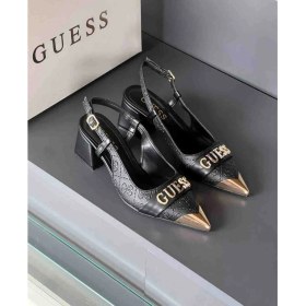 Resim Evlium Guess Logolu Siyah Kadın Topuklu Sandalet - Metal Burun Detaylı Slingback Ayakkabı 