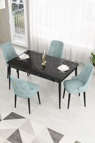 Resim Canisa Lav Serisi 80x130 Sabit Siyah Mermer Masa Takımı Ve 4 Su Yeşili Sandalye 