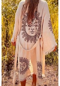 Resim Karakalem Astroloji Güneş Desenli Kemerli Püsküllü Doğal Kumaşlı Bohem Sahil Kimono Kaftan Bej Bej 