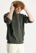 Resim Orta Haki Kapüşonlu Oversize Pamuklu Sweatshirt Kigili