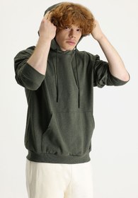 Resim Orta Haki Kapüşonlu Oversize Pamuklu Sweatshirt 
