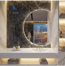 Resim 80x101 Cm Yuvarlak Led Banyo Aynası Dokunmatik, Dim Edilebilir, 3000k Günışığı Sarı 