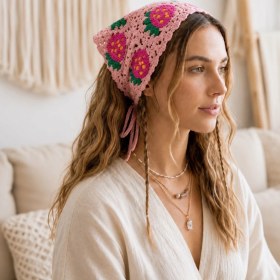 Resim Örgü Üçgen Bandana Çilekli Kırmızı Pembe Saç Bandı Kadın Genç Kız Çocuk Yazlık Bohem Vintage Kore Tarzı Ayçiçek 