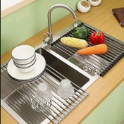 Resim 1 adet Paslanmaz Çelik Katlanabilir Mutfak Lavabo Drenaj Rafı - Gıda Güvenli, Yer Tasarrufu Sağlayan Filtre ve Çatal Rafı ile Katlanabilir Perde, Meyve ve Sebze Yıkanması için Mükemmel, Lavabo Üzerinde Çatal Kurutma Rafı 