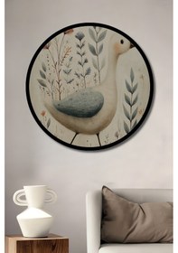 Resim Sevimli Kaz Ve Bohem Çiçekler Sulu Boya Görünüm Ahşap Tablo Yuvarlak Duvar Tablosu Çerçeve Görünüm 7046 - 30 X 30 