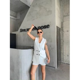 Resim La Mode Istanbul Keten Yelek - Şort Takım - Beyaz 