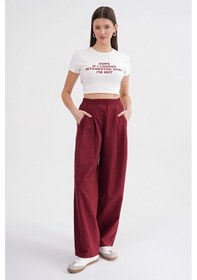 Resim Mixray 4682 Kadın Beli Lastikli Jogger Bol Keten Pantolon Bordo 