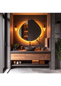 Resim Zynor Amber Led'li Lazer Kumlamalı Lavabo & Banyo Aynası Dokunmatik Sensörlü 70 X 70 Turuncu 
