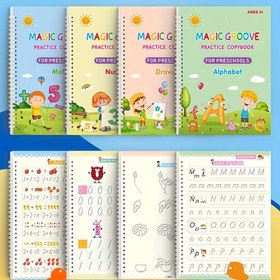 Resim 3-6 Yaş Çocuklar İçin 4'lü Sihirli Oluk El Yazısı Pratik Defterleri Paketi - Harfler, Sayılar, Boyama ve Matematik Becerileri ile Yeniden Kullanılabilir Okul Öncesi Öğrenme Kopya Kitapları - Ergonomik Kalem Tutucu & 10 Yedek Uç Dahil 