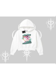 Resim Kapşonlu Crop Sweatshirt Oversize Anime Kız Desenli Japon Stil Beyaz 