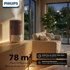 Resim Philips Tam Koruma 2si 1 Arada Hava Yıkayıcı Temizleme ve Nemlendirme Makinesi Bakteri Virüs ve Alerjen Giderici Akıllı Sensörlü 