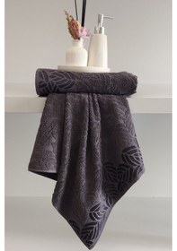 Resim 2'li Jakarlı Yaprak Desenli %100 Pamuk El Yüz Havlusu-50x90cm Antrasıt Antrasit 