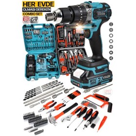 Resim Proseri Kömürsüz Turbo 180pcs Pense, Yıldız Düz Çekiç Tornavida 2x Akülü Matkap Vidalama Takım 