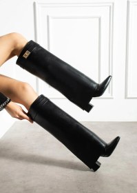 Resim Shoetek Saix Kadın Çizme Kalın Topuku Yandan Geçmeli Tokalı Siyah Deri Siyah 