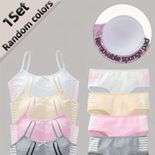 Resim 10-12 yaş arası kızlar için tasarlanmış, rastgele renkli bir set olan kızların moda sütyeni ve külotları, iki parçadan oluşur. 